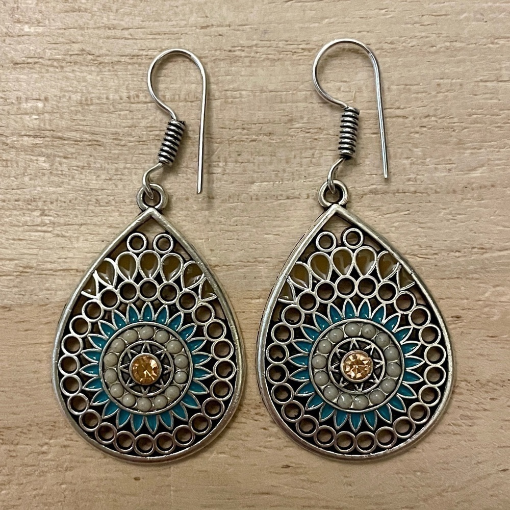 Turquoise Blue Floral Silver Teardrop Earrings